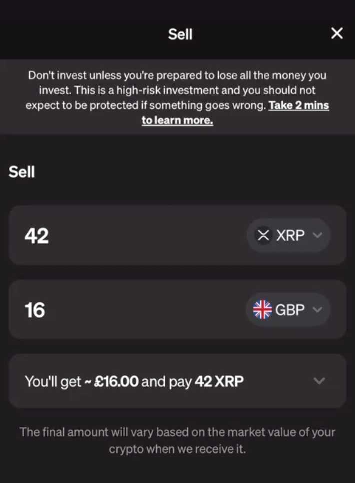 A screenshot of an XRP sell transaction in the MoonPay app